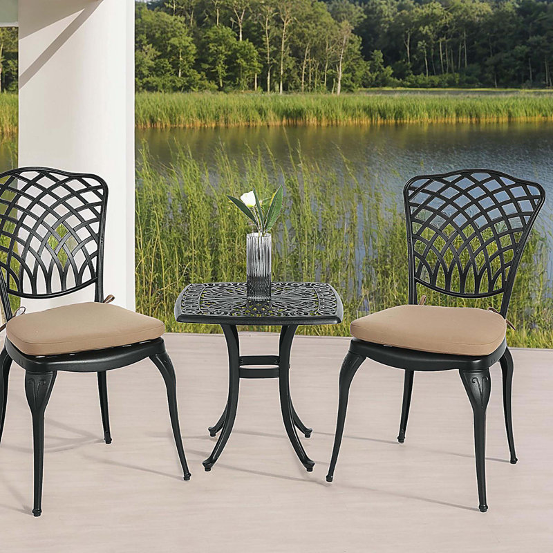 Bistro Set 3 Piece Rustproof Cast Aluminum Patio Furniture Sets 2 Chairs and 1 Round Table Outdoor, Garden, Patio,  Balcony, with cushion black