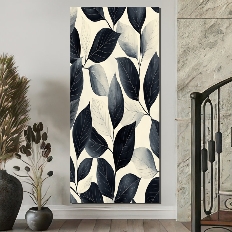 «Black Beige Leaves Gentle Breeze I», art mural feuilles, H 60 po x l 28 po, Toile tendue, Ne s’applique pas