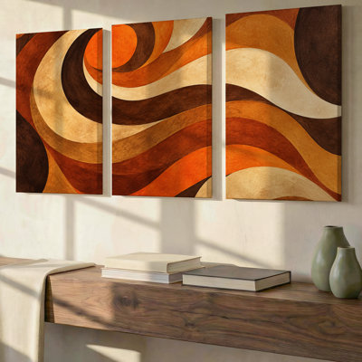 3 Pieces Exculisive Rust and Chocolate Swirl Abstract Large Wall Art Modern Panorama, Modern Canvas Decor for Living Room, Bedroom, Office and Home