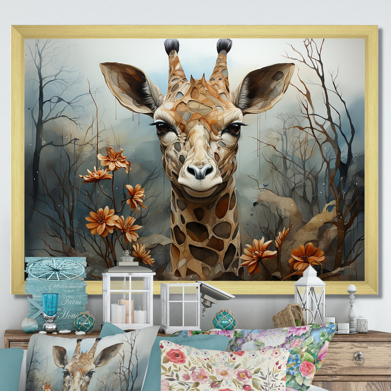 Mignonne girafe dans un champ de fleurs II, H 34 po x l 44 po x P 1,5 po, Cadre doré simple