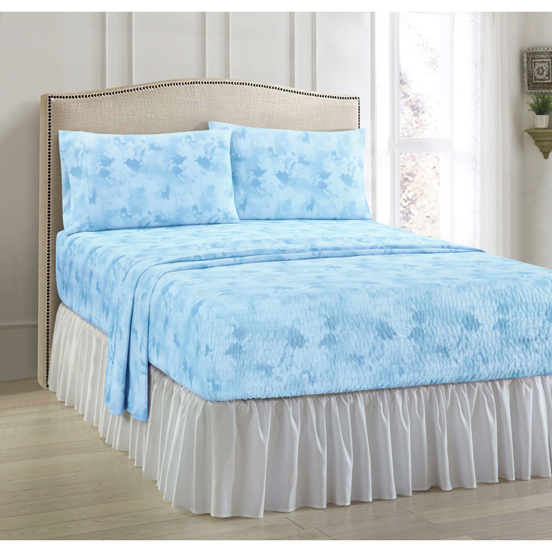 Anti-Wrinkle Soft Microfiber Watercolor BedTite Tight Grip Sheet Set, Full/Double Sheet Set with 2 Pillowcases, Blue