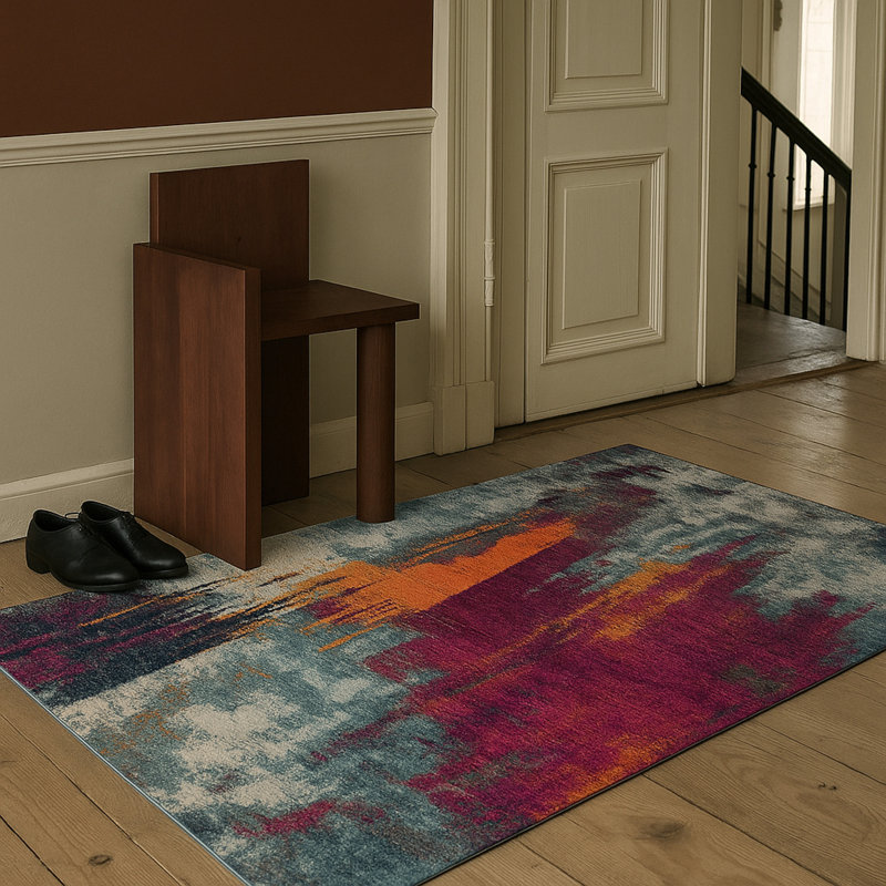Comfort Gray Ivory And Magenta Abstract Runner Rug, Rectangle 6'7" x 9'7"