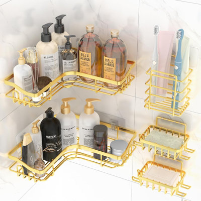 Gold L-Shaped Corner Shower Caddy, 5-Pack Rustproof Stainless Steel Bathroom Shelves, No Drilling Wall Mounted Shower Organizer For Kitchen & Bathroom, Includes Soap & Toothbrush Holders