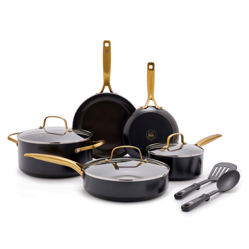 Black and Gold Aluminum Nonstick Cookware Set with Glass Lids