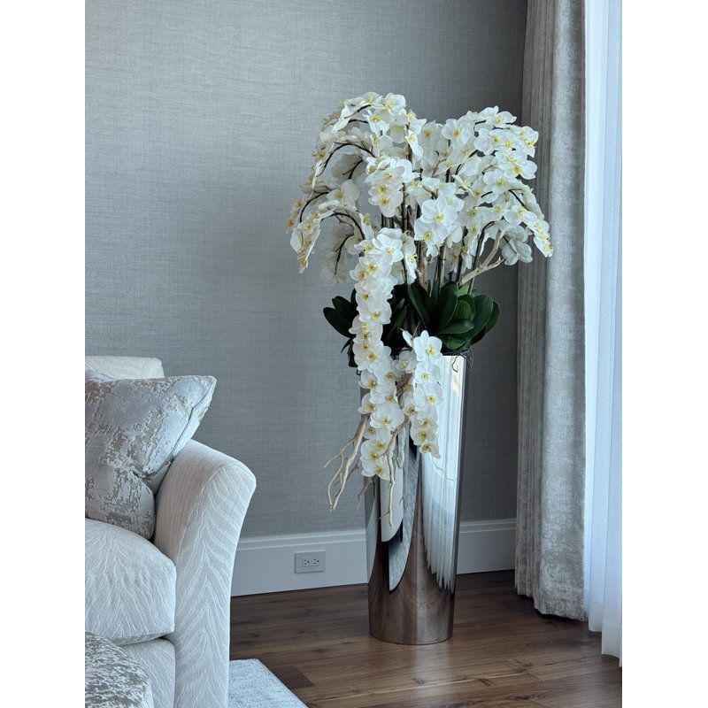 Cascading White Phalaenopsis Orchids In Tapered Polished  Cone Planter, Silver