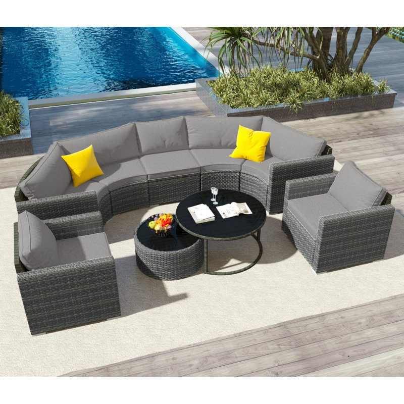 7 Peson Half-moon Patio Furniture Set w/ Coffee Table，9-Piece Wicker Sectional Seating Group w/ Cushions, Gray, Gray