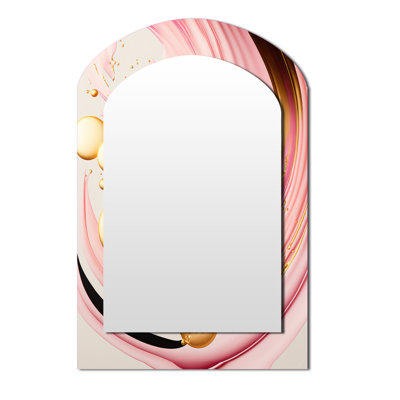 Pink And Gold Abstract Circles II - Abstract Spirals Arch Unique Wall Mirror, Modern Asymmetrical Mirror, Printed Metal Art