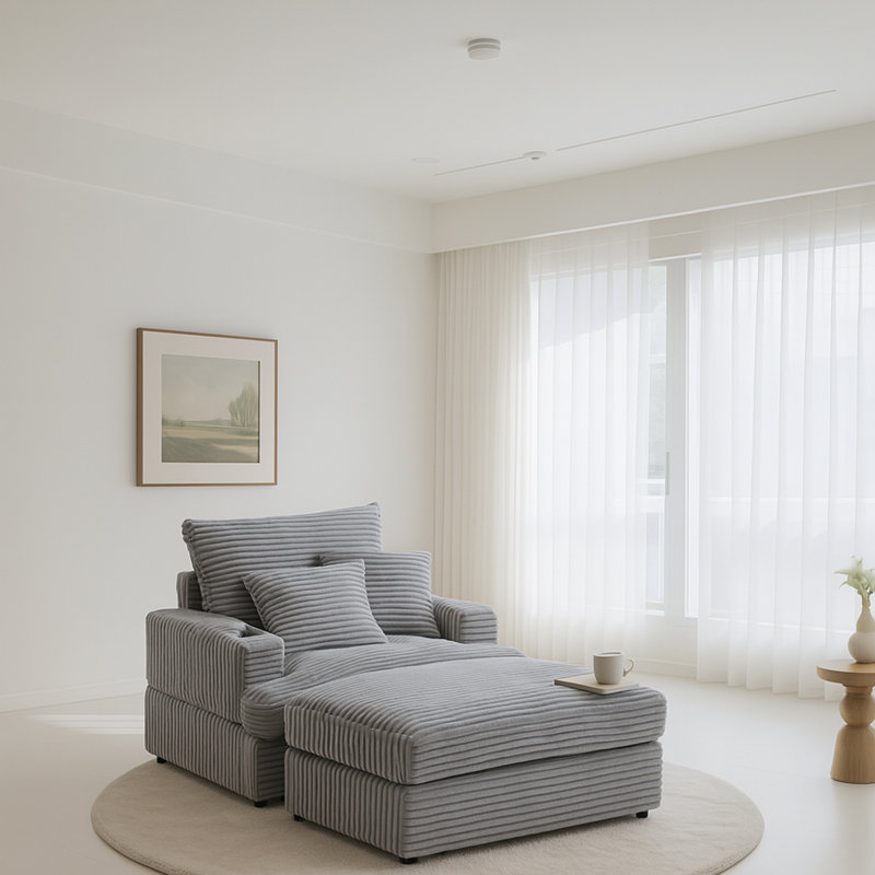 Oversized Corduroy Armchair with Ottoman and Built-In Cup Holder,Plush Lounge Chair with Pillows, Wide Seat, and Deep Storage