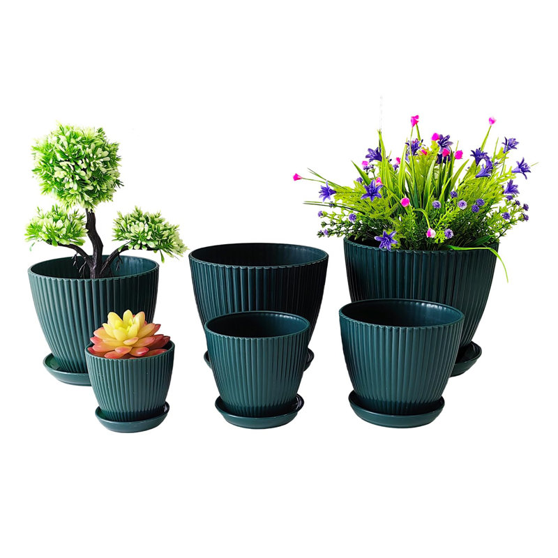 Dark Blue Ribbed Plastic Planter Set with Saucers - 6 Pieces