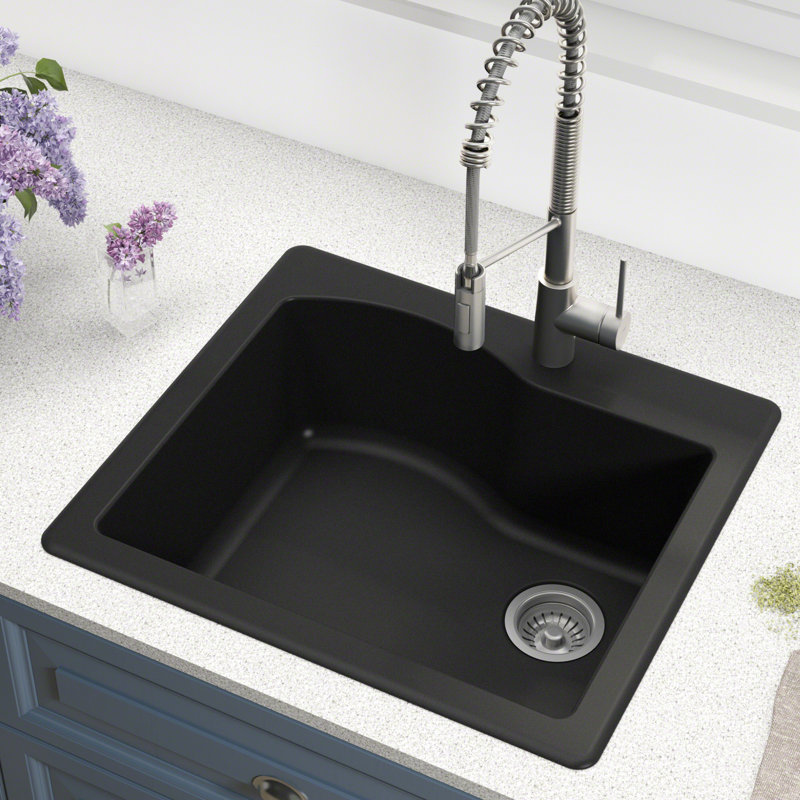 KRAUS Dual Mount Bowl Granite Kitchen Sink w/ Top Mount and Undermount Installation, 25" Single Bowl, Black