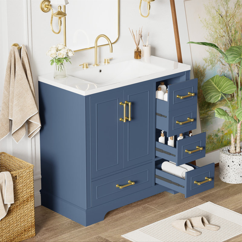 Meuble-lavabo traditionnel de 36 pouces avec lavabo en résine, deux portes et quatre tiroirs pour un rangement organisé, Bleu
