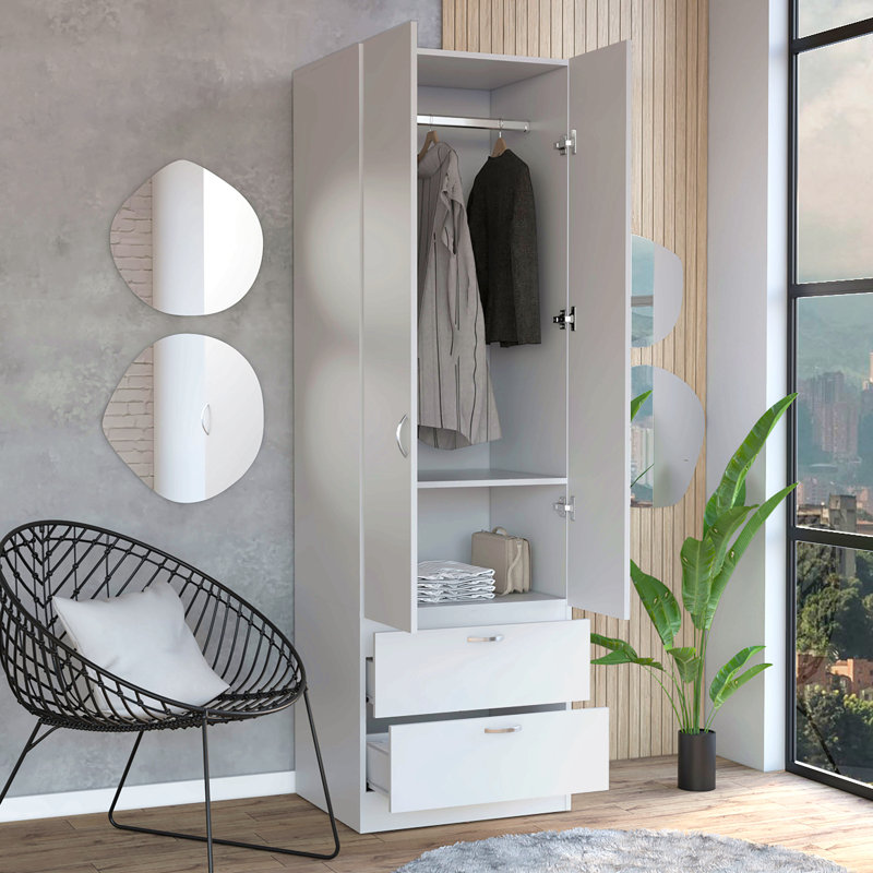 Armoire haute en mélamine avec deux portes et deux tiroirs Mayer, 76.9" H x 23.4" W x 19.6" D, Blanc