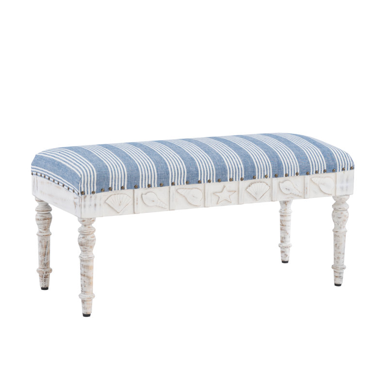 Aaryahi Coastal Carved Seashell 36” Upholstered Bench, Blue/White