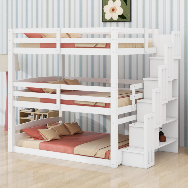 Lit superposé triple avec compartiments de rangement pour escalier, Blanc
