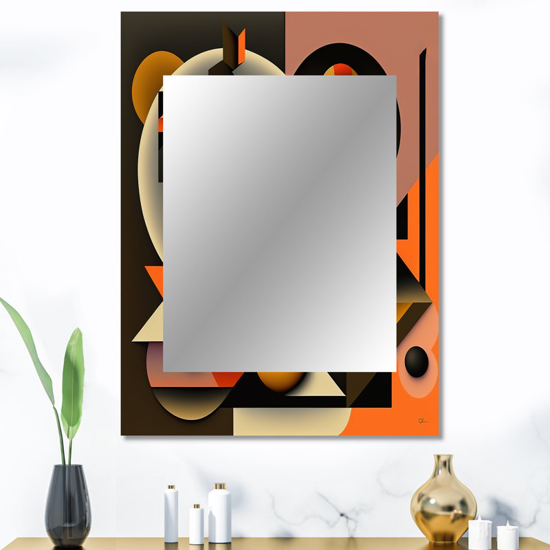 Multicolor Geometric Orange Shapes I - Geometric Decorative Wall Mirror, Modern Mirror, Printed Metal Art, 40" x 30"