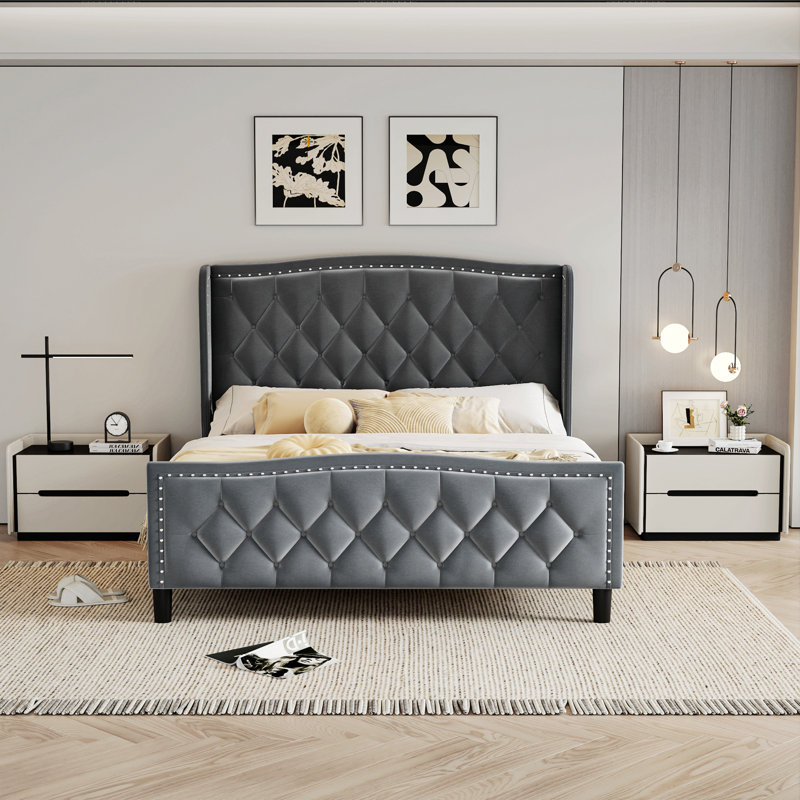 Mirabai Upholstered Metal Wingback Bed, Full, Gray