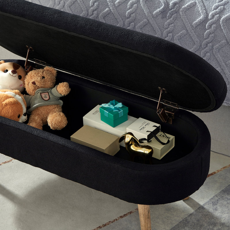 Luxury Oval Boucle Storage Ottoman Bench With Wood Legs 350Lb Weight Capacity & Safety Hinge(Only Includs Bench), Black