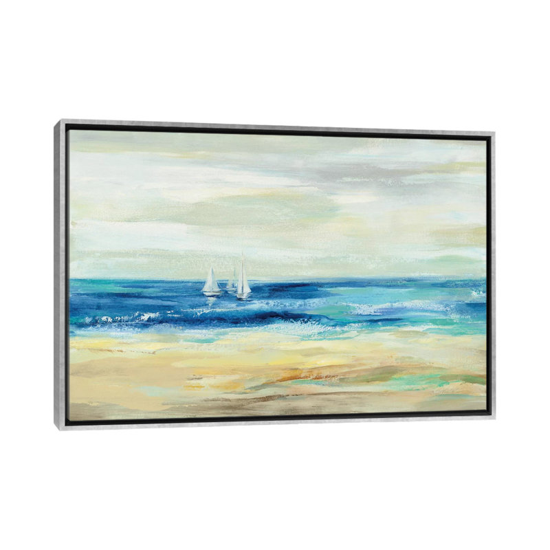 Sable et mer par Silvia Vassileva - reproduction d'art, Pas de tapis, H 32 po x l 48 po x 1,5 po, Toile avec cadre argenté