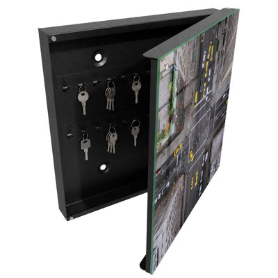 Key cabinet for wall, Opens to the left, 30x30x5, White, A bird's eye view of the city full of taxis, 