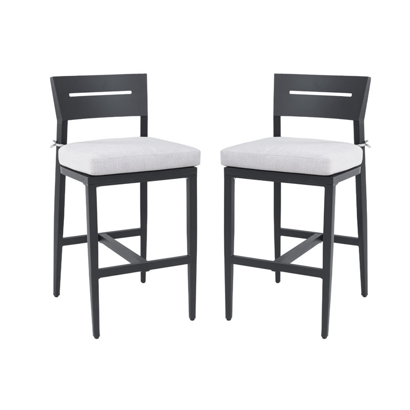 Modern Outdoor 2PC Bar Stools, Aluminum Patio Bar Chair with Ergonomic Backrest, Tapered Legs, Footrest, Sunbrella Cushion, Weather-Resistant, for Garden, Poolside, and Kitchen Island