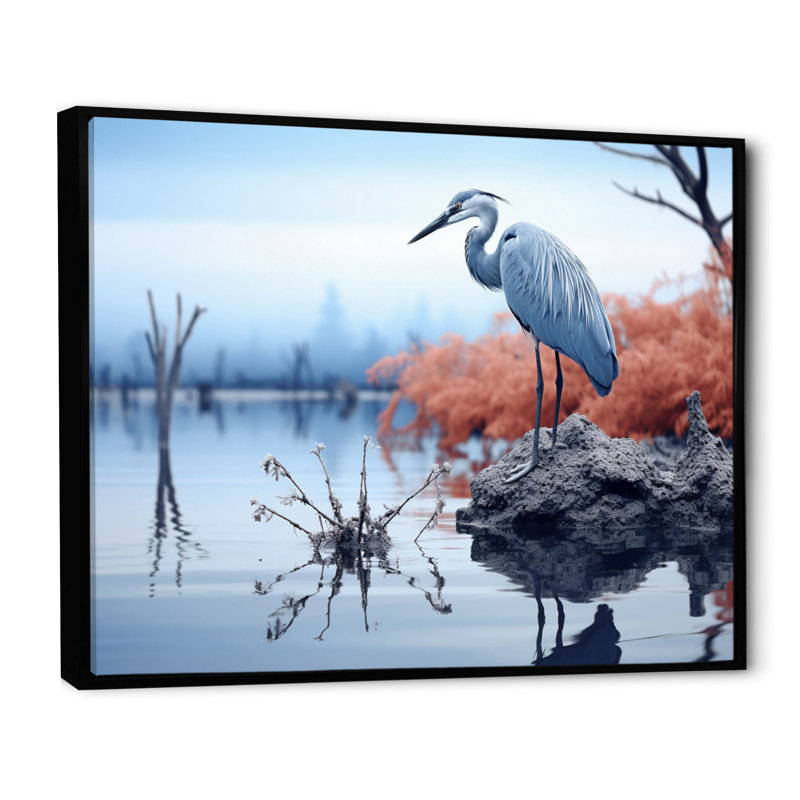 Heron Silent Waters Blue - Animals Wall Decor, H 12 po x l 20 po x P 1 po, Cadre flottant noir