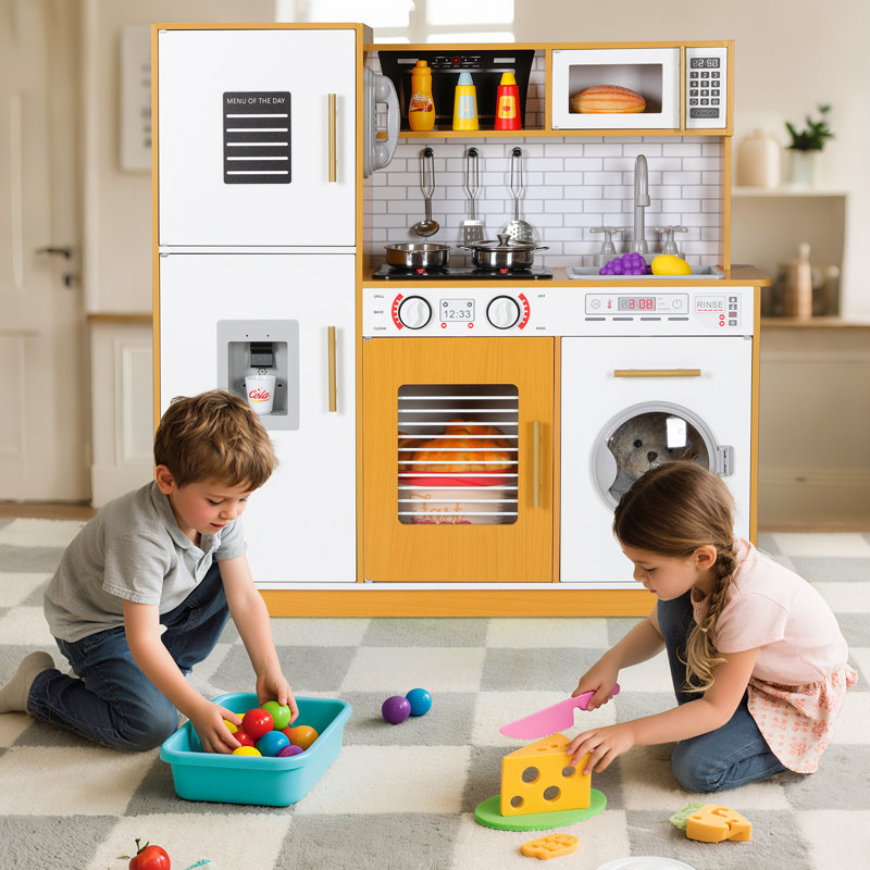 Play Kitchen For Age 3+ Kids, Wooden Chef Pretend Toy Kitchen Washing Machine, Realistic Stove Lights & Sounds, Complete Pretend Set for Preschoolers, Water Dispenser, Stove, Telephone, Range Hood, Oven, Sink(white&orange)