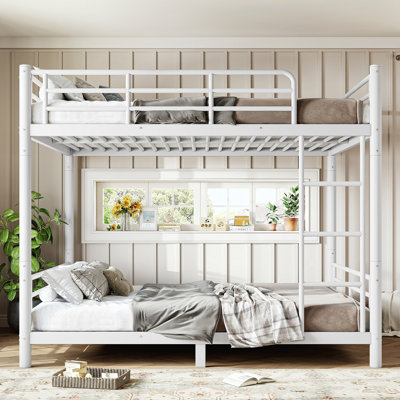 Lit superposé double au-dessus de double pour les adolescents et les adultes, peu encombrant / sans sommier tapissier, tube rond, converti en deux lits, blanc
