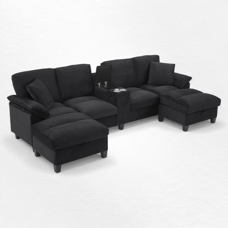 U-Shaped Upholstered Sectional Sofa With Storage And USB Ports, Black Corduroy