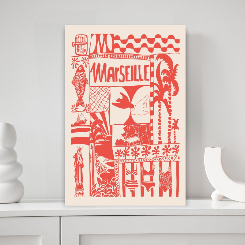 Marseille Summer Vacation Abstract Palm Tree Fish Architecture Beach Wall Art Print 1 Piece Wrapped Canvas Wall Art
