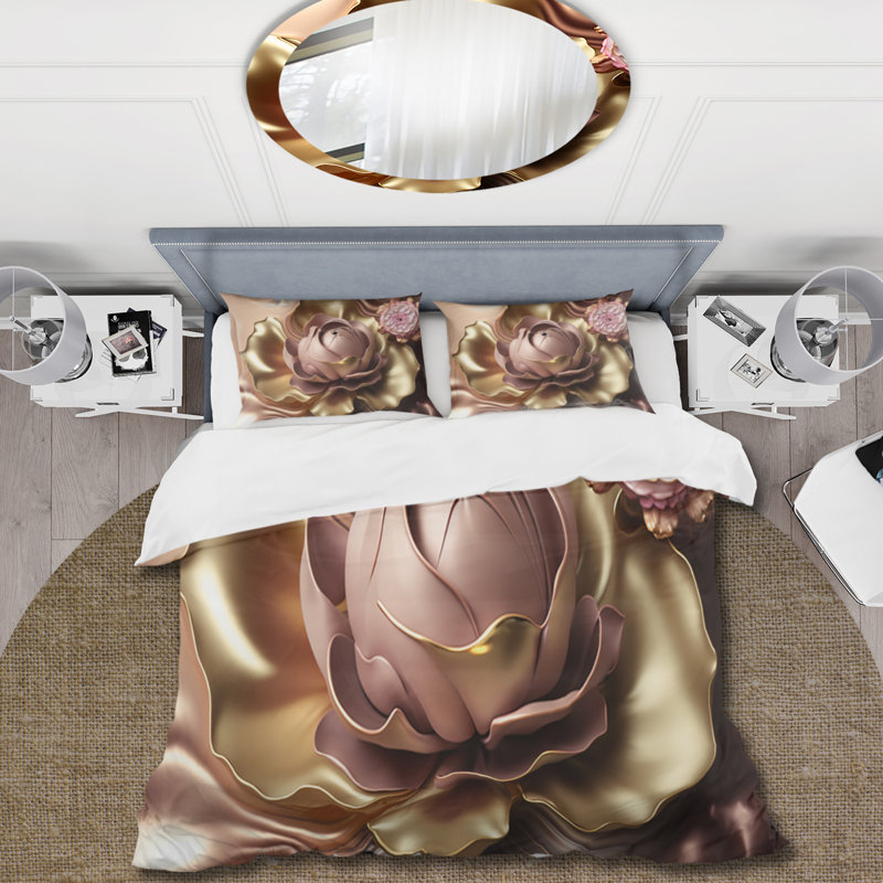 Ensemble de housse de couette en microfibre / polyester rétro, rétro, fleurs roses et or I