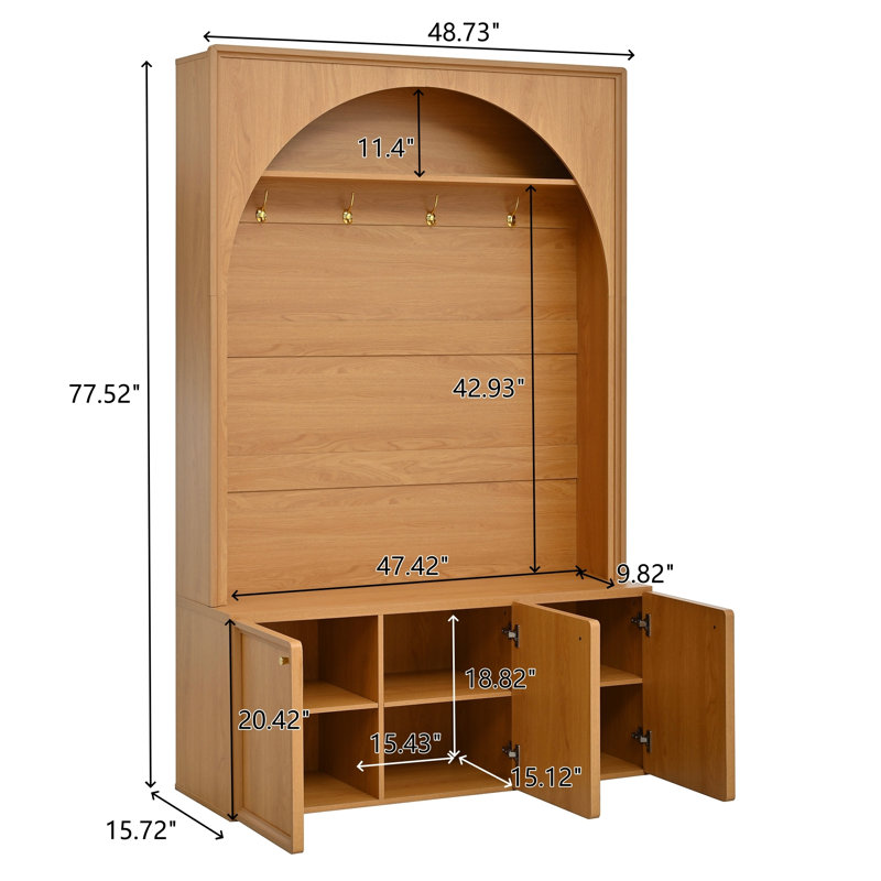 Arbre d'entrée avec banc de rangement, rangement à crochets à manteau, design arqué, contemporain, rangement pour vestibule