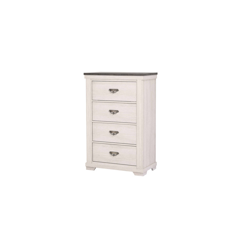 Commode de chambre à coucher avec poignée en métal, quatre tiroirs, aspect rustique gris beige et blanc