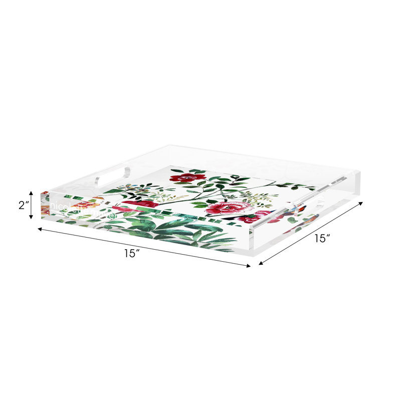 Lost Pavillion Floral No 8 Acrylic Square Decorative Tray, 15"W x 15"D x 2"H