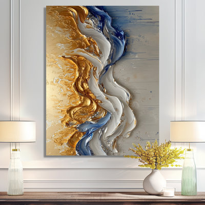 Rhythmic Golden Ink Waves Fusion I - Modern Metal Art Print, Maze Metal Wall Decor