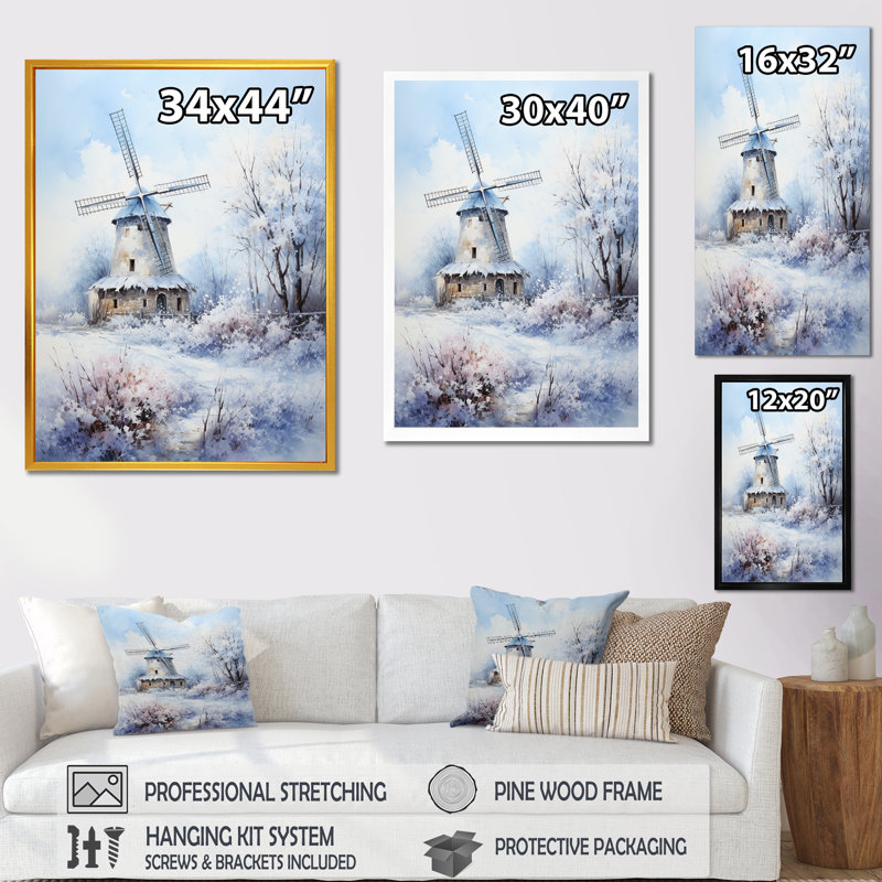 «Snowy Windmill Winter Landscape I - Windmills», art mural, Cadre flottant noir, H 44 po x l 34 po x P 1,5 po