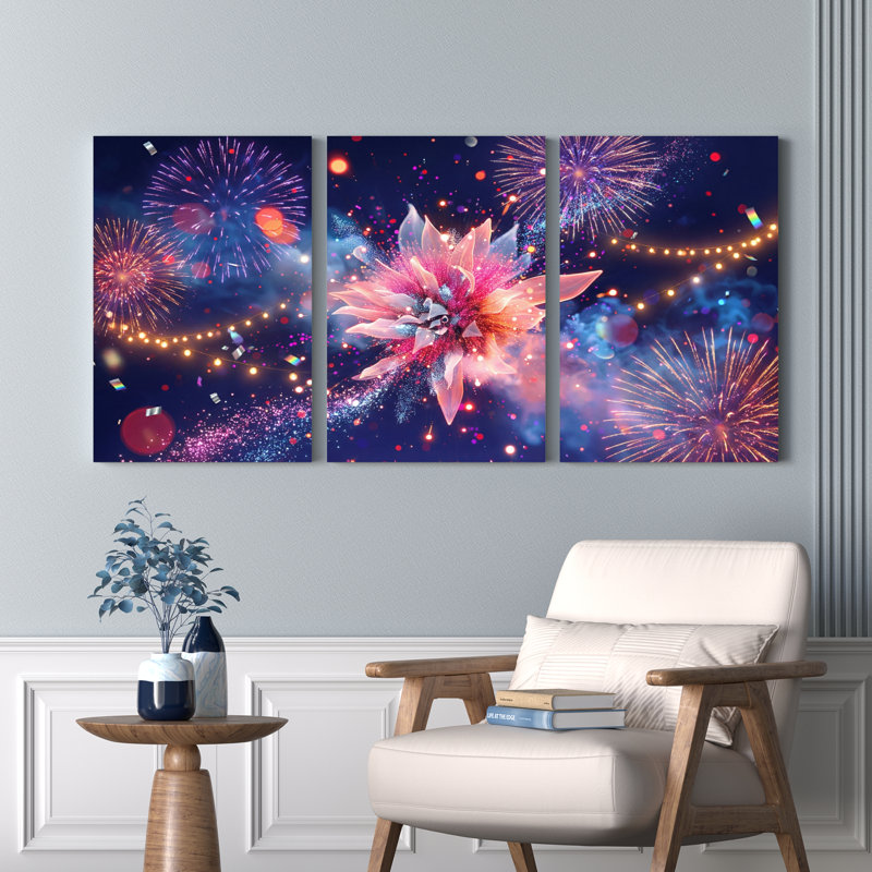 Feux d'artifice et floraison florale sur toile tendue, ensemble de 3 reproductions d'art, 1218