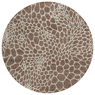 8' Brown Round Geometric Washable Indoor Outdoor Area Rug