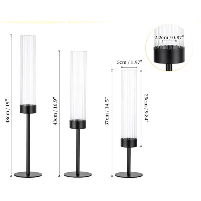 Ensemble de 3 porte-bougies coniques en métal noir avec cheminée en verre nervuré, chandeliers gothiques pour le mariage, l'Halloween et le centre de table