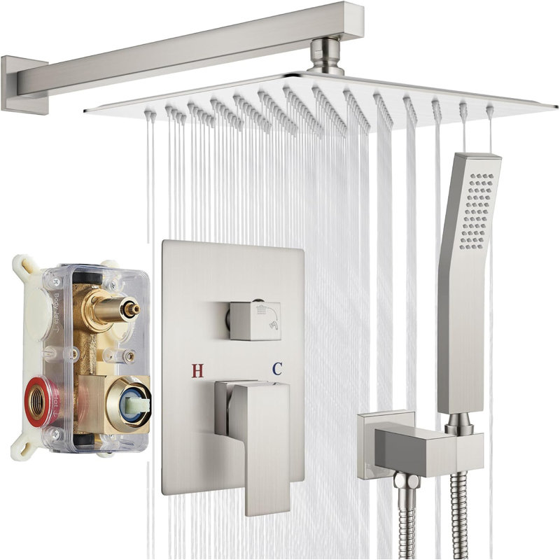 Shower Faucet Set Brushed Nickel 12 inch Rain Shower Head Combo System with Valve