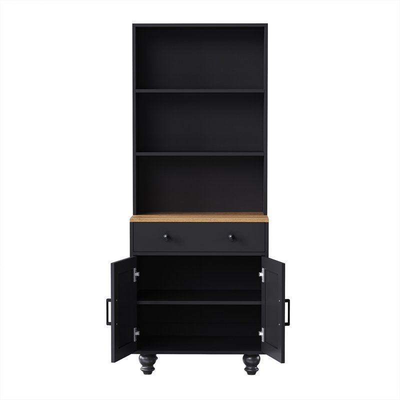 Farmhouse Storage Cabinet With 4 Solid Wood Gourd-Shaped Legs, Modern Kitchen Pantry Cabinet With Adjustable Shelves, 5 Tier Bookshelf With Drawer For Living Room, Black
