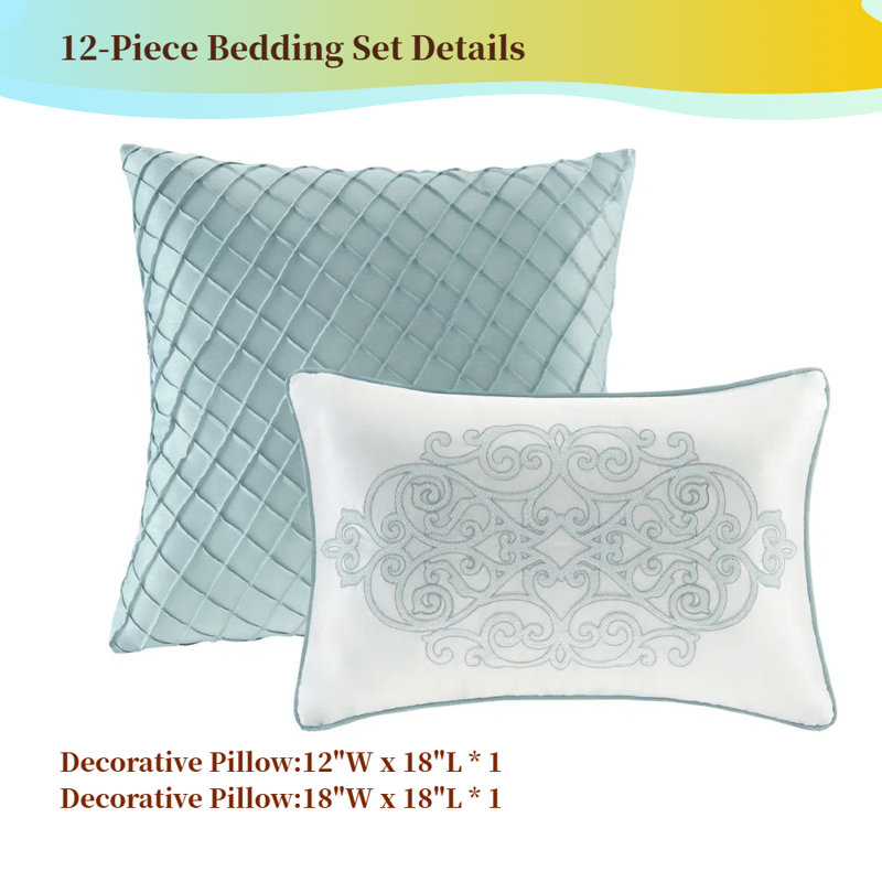 Ensemble d'édredon 12 pièces avec draps en coton et coussins décoratifs, jacquard damassé, bleu