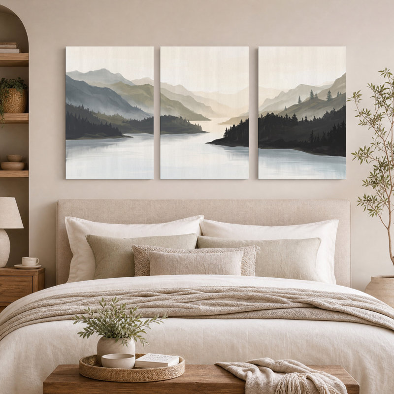 «Misty Mountain River with Pine Trees», ensemble de 3 toiles murales, H 30 po x l 20 po x 3 pièces