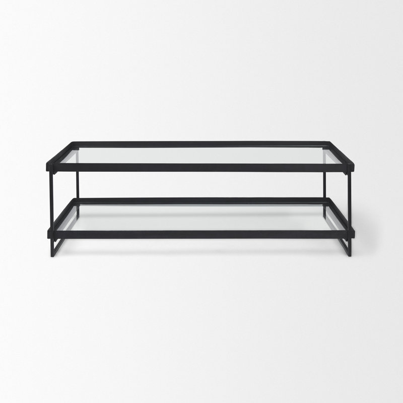 Trey Black Metal and Glass Coffee Table with Shelves