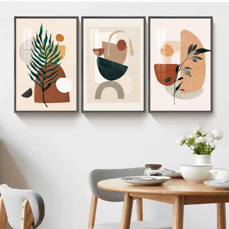 " Leaf And Geometric Shape " 3 - Pieces, Black, 25" W x 49" H