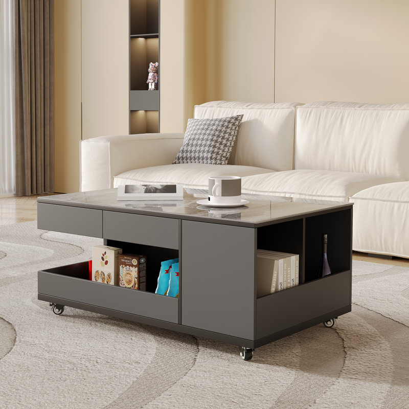 Table basse moderne en faux marbre avec roulettes lisses et 4 tiroirs de rangement