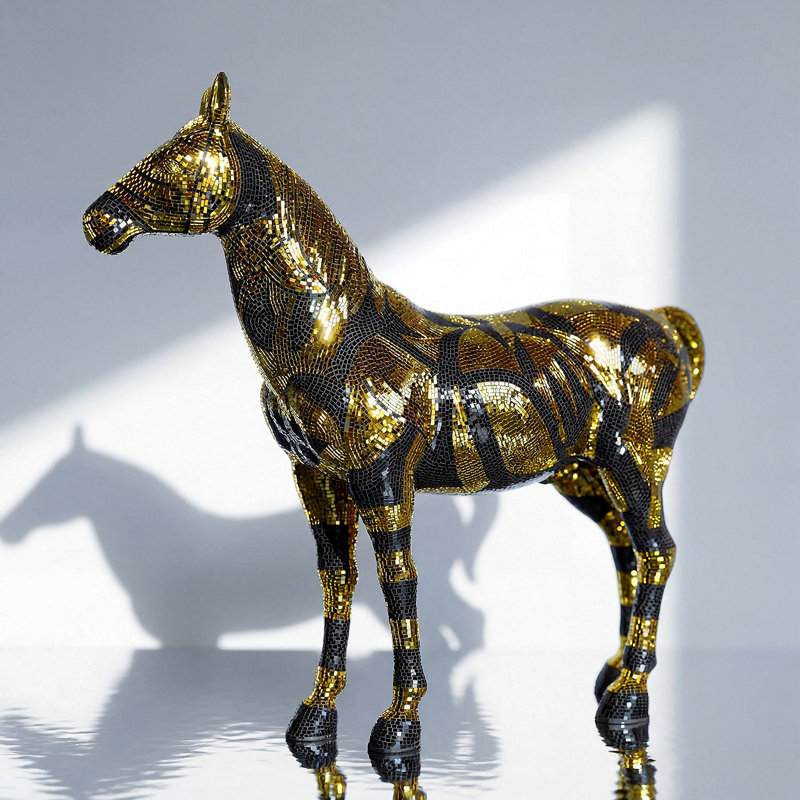 Statue de cheval Handmat Lifesized avec extérieur miroir en or et en diamant noir, décoration intérieure