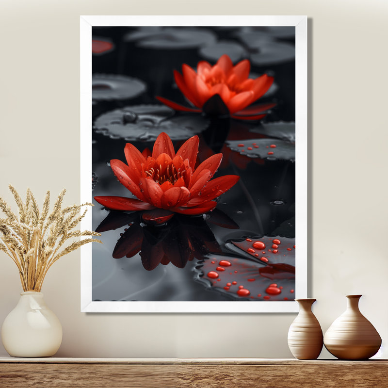 Romantique rouge Monocrhome Lotus Pond I - art mural Lotus, Cadre flottant blanc, H 12 po x l 20 po
