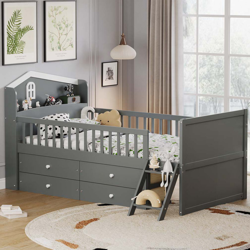 Base de lit en bois avec rangement 4 tiroirs, tête de lit garde-corps et échelle, Gris