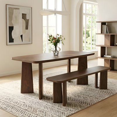 Modern Dining Table Set, Rectangular Dining Table And Bench With Solid Wood Legs