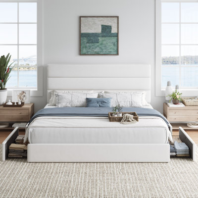  Storage Upholstered Platform Bed Frame, with 4 Drawers No Box Spring Needed